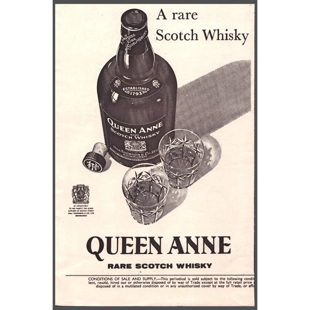 1950 Queen Anne Scotch Whisky Vintage Print Ad Rocks Glasses Bar Wall Art Decor